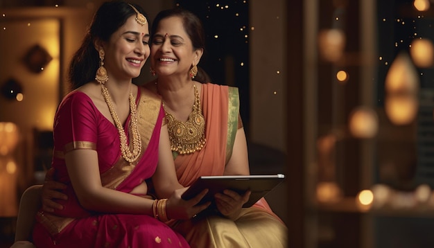 A woman and a woman sit together, both wearing pink saree and holding a tablet.