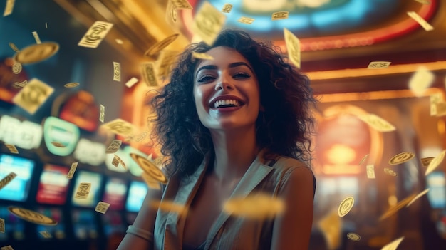 Photo the woman won in the casino rain of money