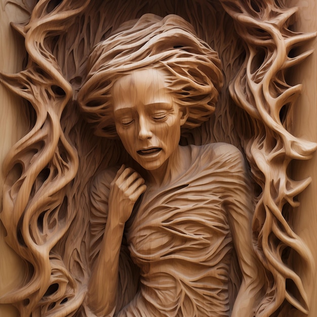 Woman in wooden sculpture frame