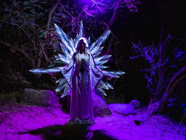 woman in the woods with swords coming out of her back made with light. lightpainting technique