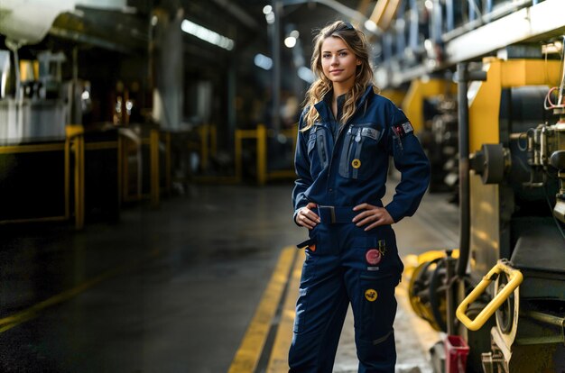 A woman in work clothes overalls standing in front of a machine in factory