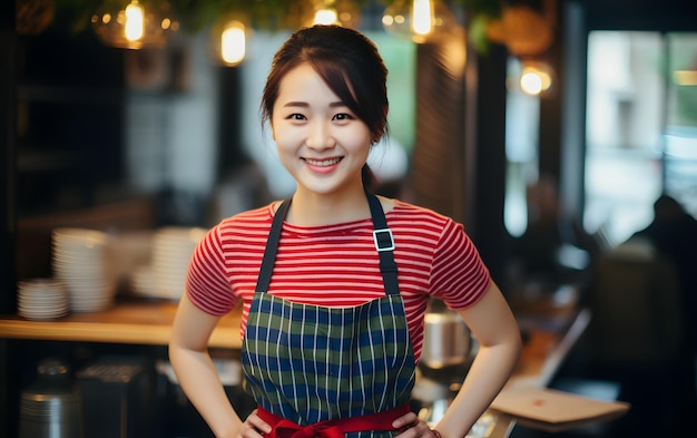 A woman worker smiling in front of store in blur background Local businesswoman concept