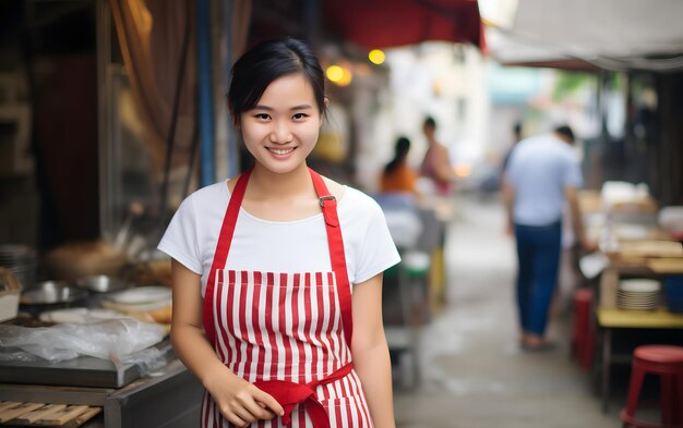 店の前で微笑んでいる女性労働者背景はぼやけています地元のビジネスウーマンコンセプト