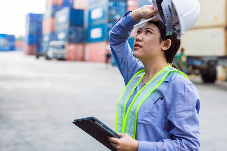 女性労働者は、港湾貨物輸送業界での勤勉な過負荷および屋外の暑い気候による発汗による疲労に疲れました。
