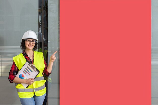 Woman worker with a waistcoat and helmet pointing a red poster in the background