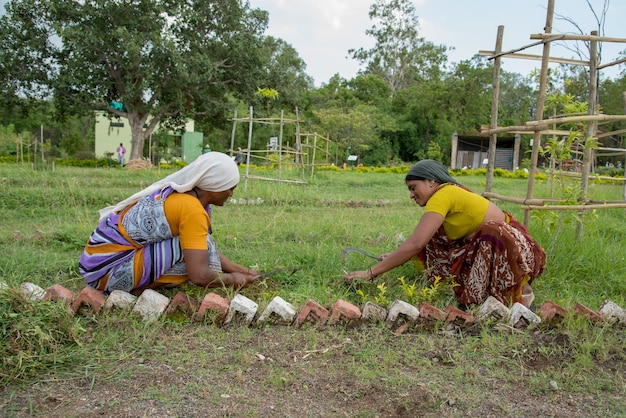 Woman workers cutting unwanted grass from garden field