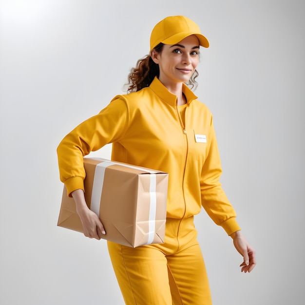 Photo woman in workers uniform holding a box