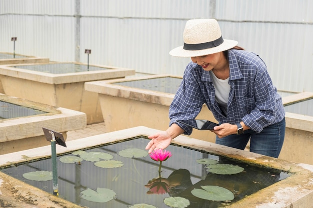 Woman working on a aquatic garden