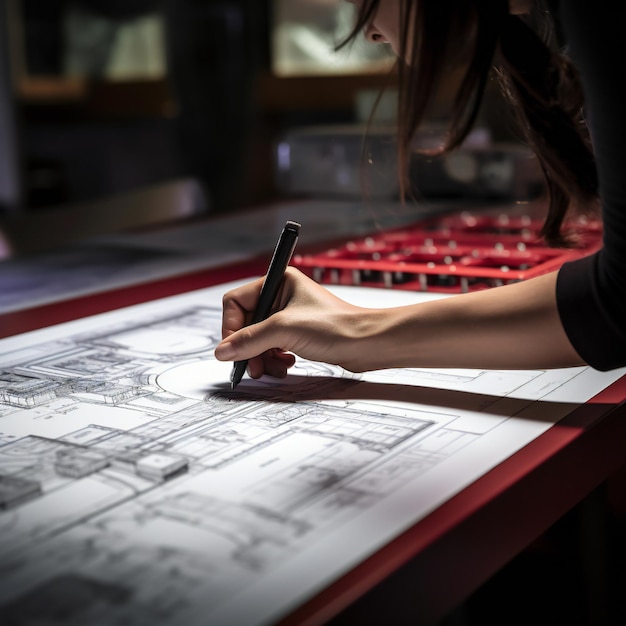 Foto donna che lavora su disegni archicad autocad si siede alla scrivania in lucido loft interno segno oggetto o