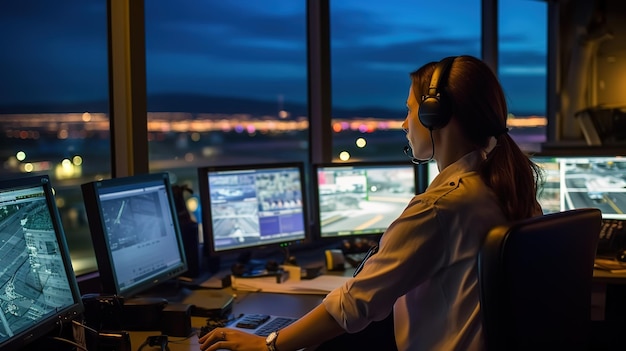Женщина работает авиадиспетчером в диспетчерской вышке аэропорта