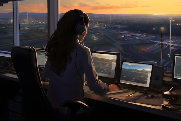 Woman working as air traffic controller Female sitting at airport control tower screens near her