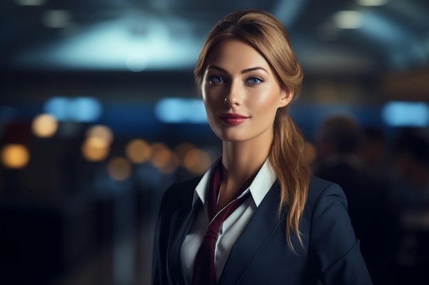 Woman working as a flight attendant in the background of the airport