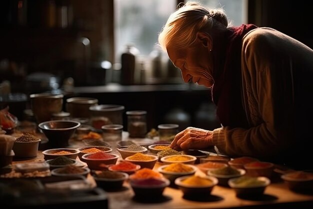 A woman working on bowls of food on a table