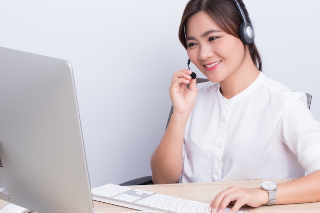 Woman working in call center she feel happy