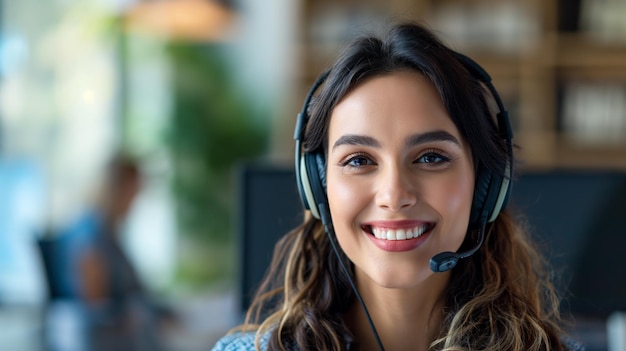 Woman working in call center wearing headphones happy smile Technical support hotline Businesswoman call center agent looking at camera posing in customer service support office