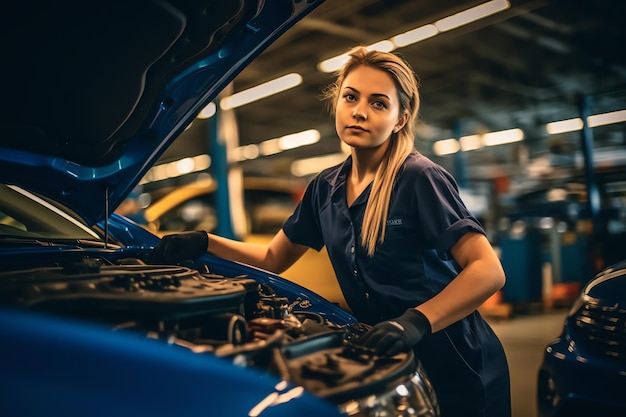 車のエンジンを扱う女性