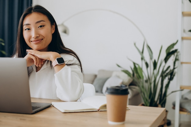 Woman working on computer at the desk from home