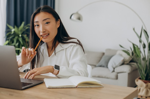 自宅の机でコンピューターに取り組んでいる女性