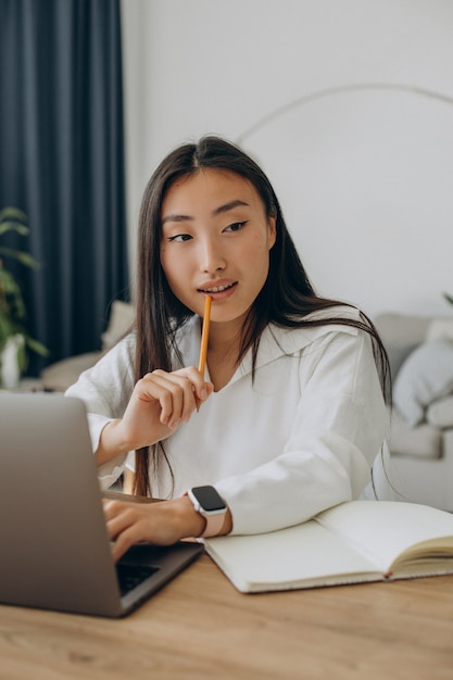 Woman working on computer at the desk from home