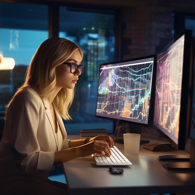 Woman working on computer doing big data analysis