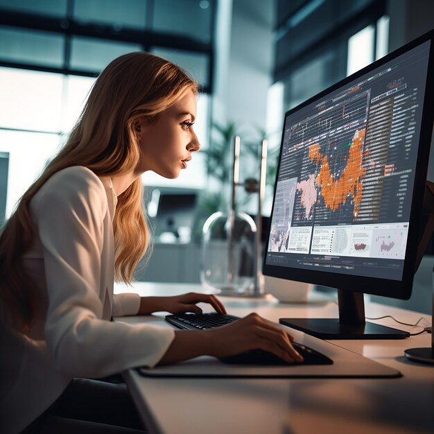 Woman working on computer doing big data analysis