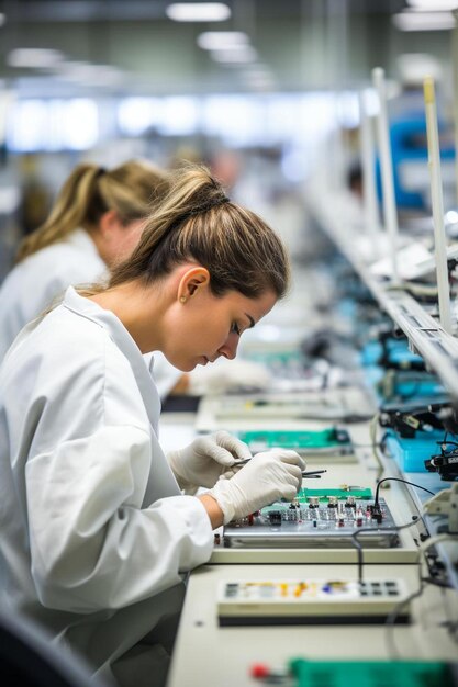 Foto una donna che lavora su un computer in una fabbrica