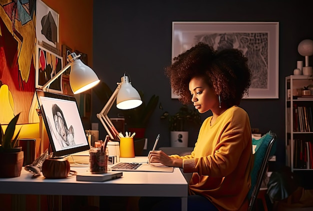 A woman working on a computer at her desk