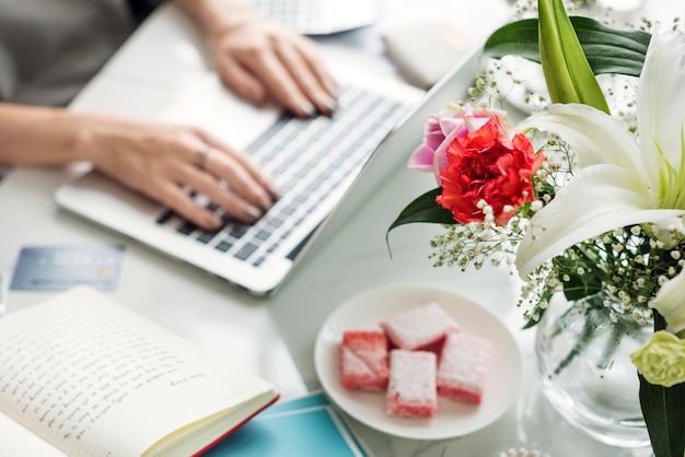 Woman working on computer laptop