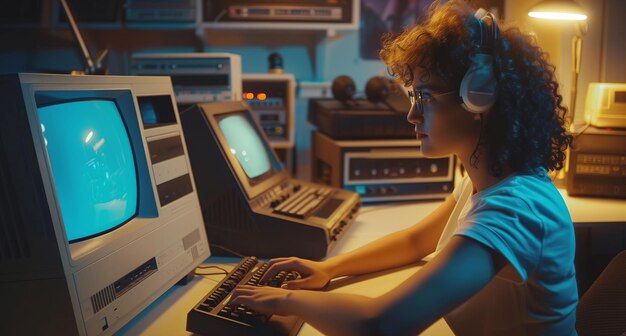 Photo woman working at computer with headphones