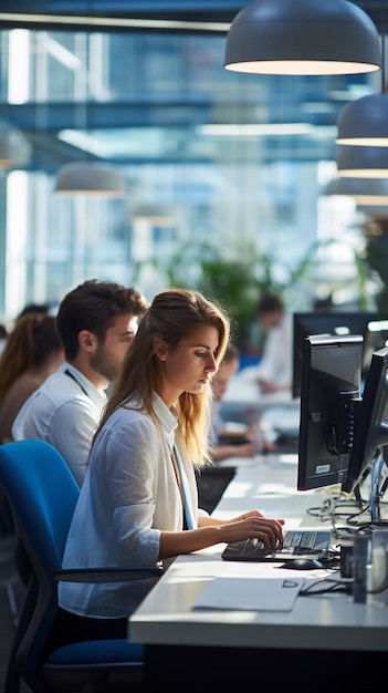 Photo a woman working at a computer with the words  dell  on the screen