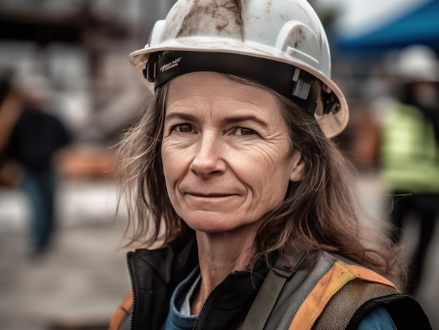 woman working on a construction site construction hard hat and work vest smirking middle aged or older