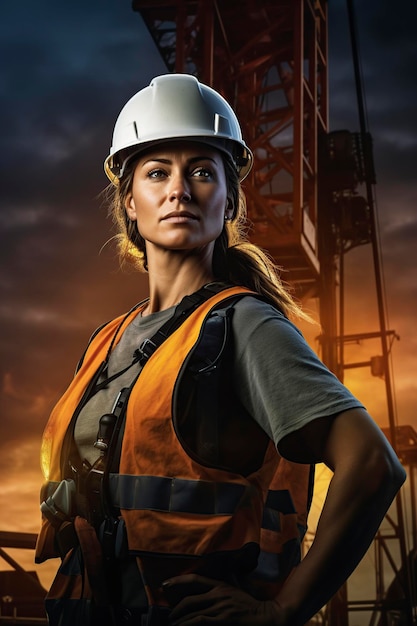 建設工場で働く女性保護ヘルメットをかぶっている