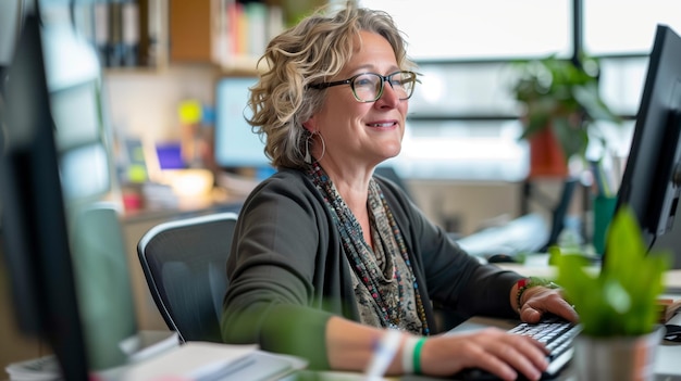 Photo woman working at desk with computer