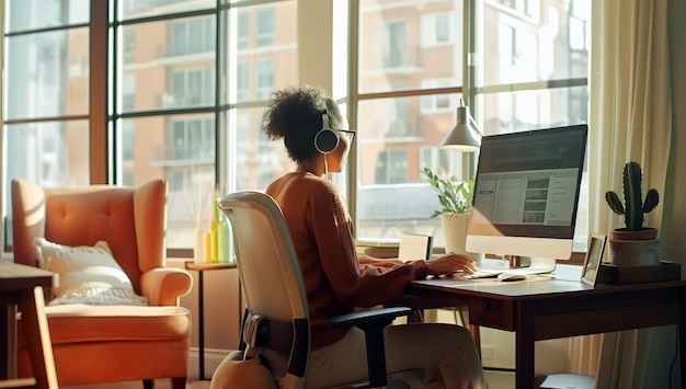 Женщина, работающая за столом с компьютером