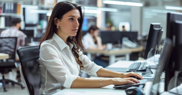 Foto donna che lavora alla scrivania con un portatile