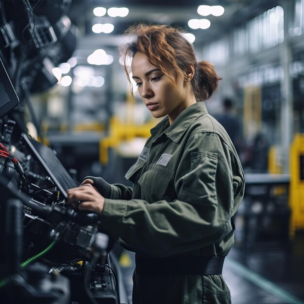 무거운 생산 기계로 공장에서 일하는 여성 작업에 여성 포함의 개념