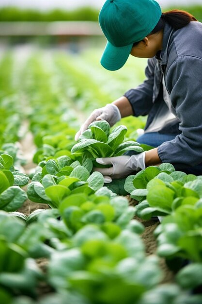 Photo a woman working in a field of lettuce