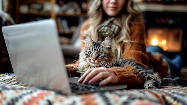 A woman working from home on her laptop accompanied by her curious cat in a cozy warm living room