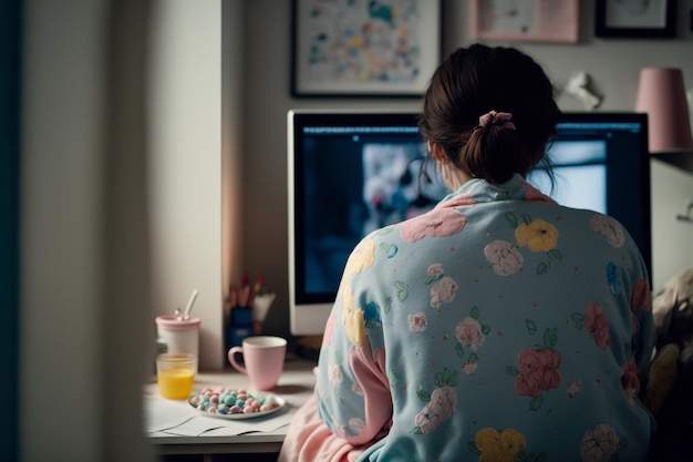 A woman working from home in her pajamas Generative AI