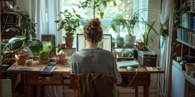 ホームオフィスで作業する女性植物とコンピューターで生産性向上 - AIG58