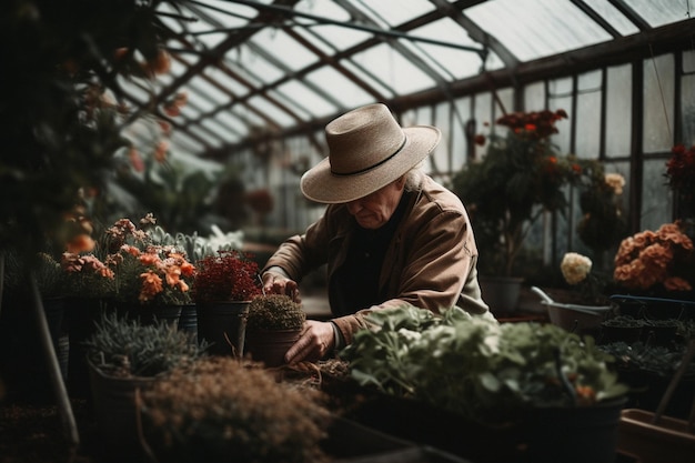 A woman working in a greenhouse with a hat on.