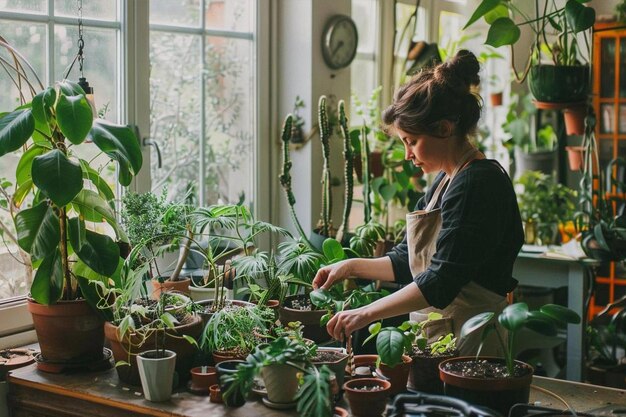 a woman working in a greenhouse with plants and a clock on the wall