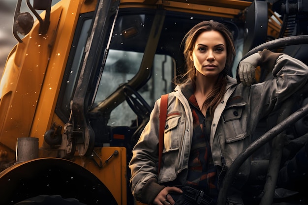 Woman working on heavy machinery as an industrial crane operator Gender equality at workplace conce