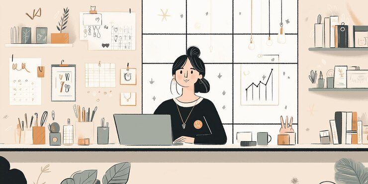 Photo ラップトップと植物のイラストで机で働く女性