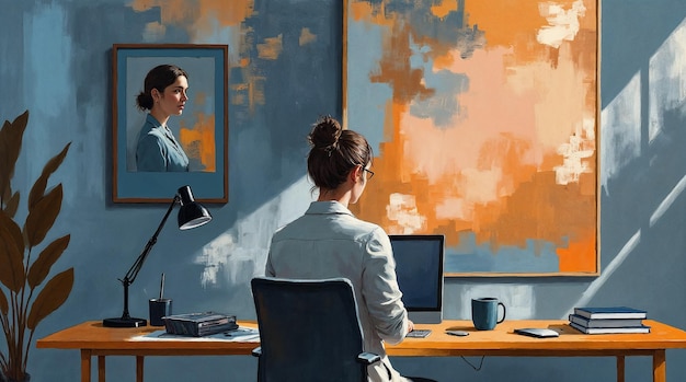 woman working in her home office with sunlight, abstract art and a computer.