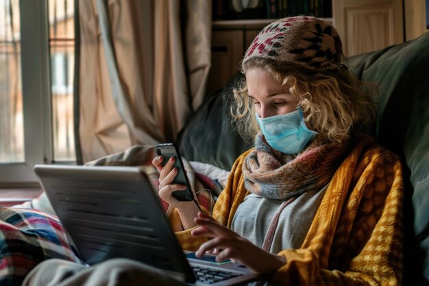 Photo woman working at home during quarantine with laptop and smartphone