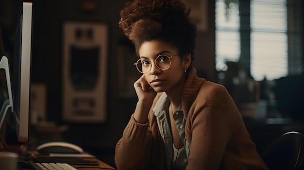 Woman working at home from a computer peace remote job Generative AI