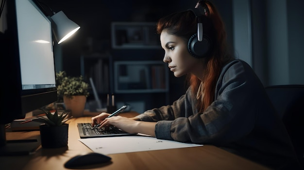 Женщина, работающая дома за компьютером, мирная удаленная работа Генеративный ИИ
