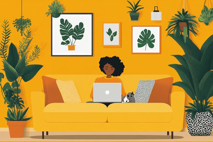 Photo woman working at home from laptop with greyhound dog on the couch