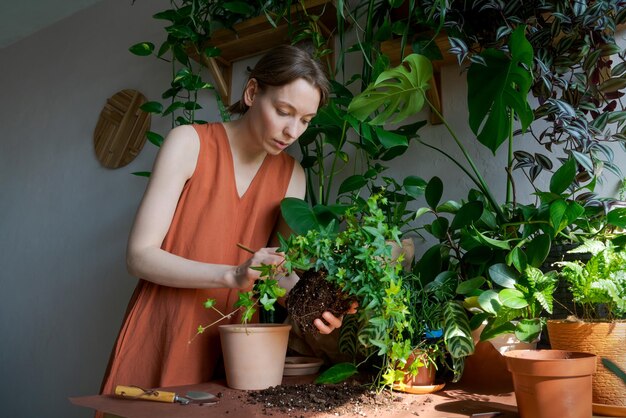 オオバコの家の庭の若い顕花植物で家で働く女性